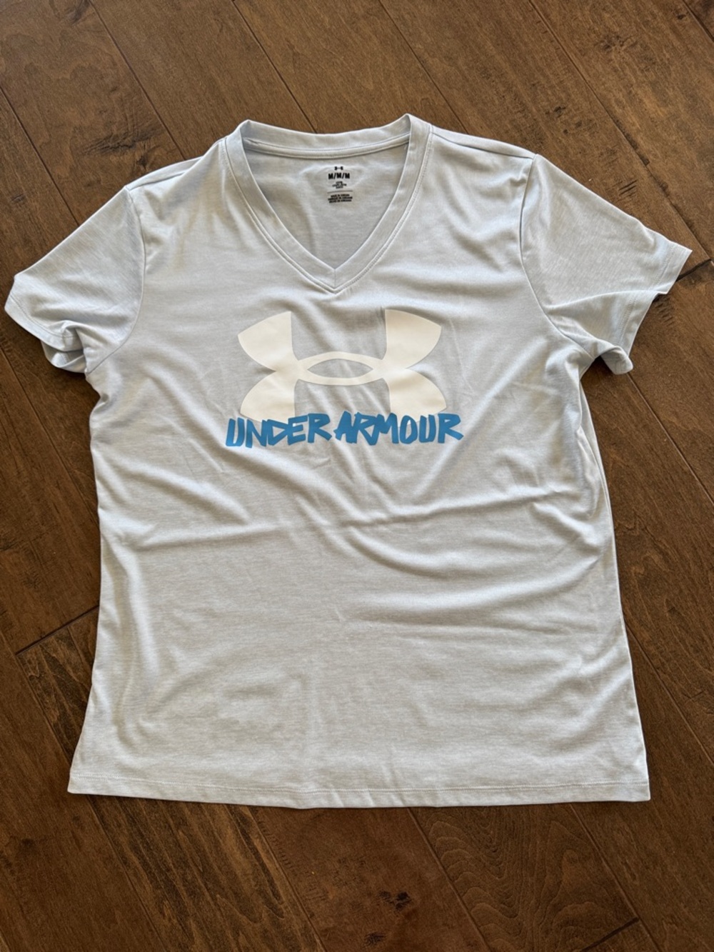 Under Armour Light Gray V-Neck Tee with White Logo and Blue Text